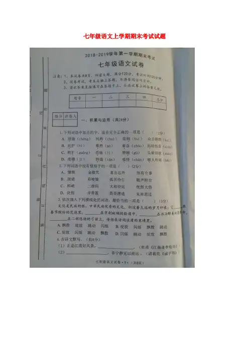 七年级语文上学期期末考试试题(扫描版)(1)