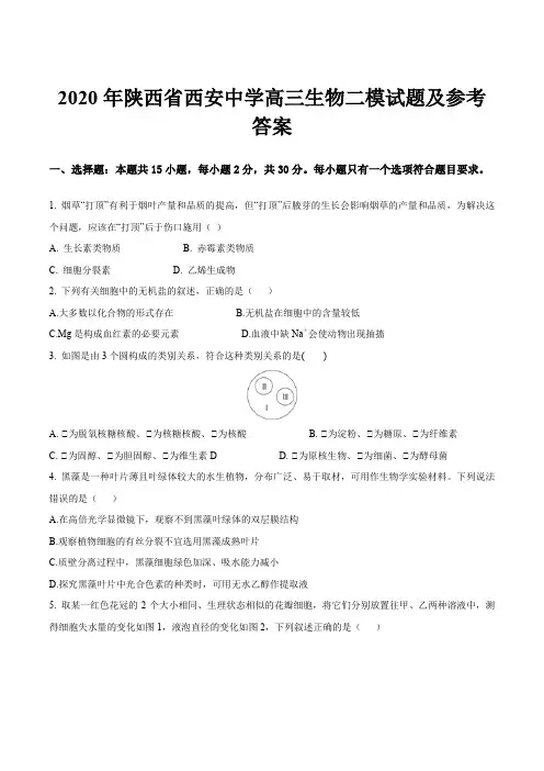 2020年陕西省西安中学高三生物二模试题及参考答案