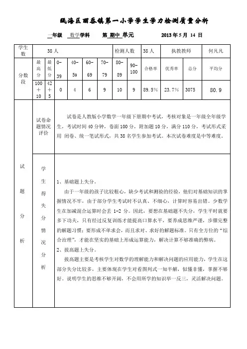 一年级i下册数学期中试卷分析表