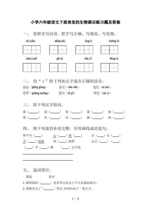 小学六年级语文下册表里的生物课后练习题及答案