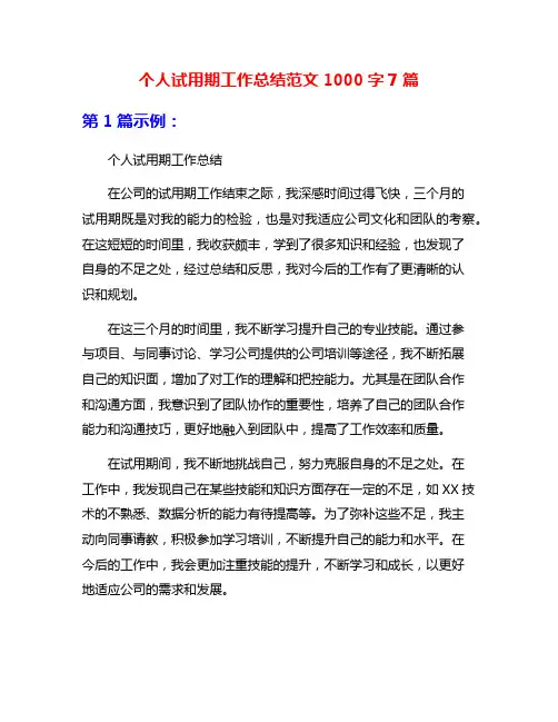 个人试用期工作总结范文1000字7篇