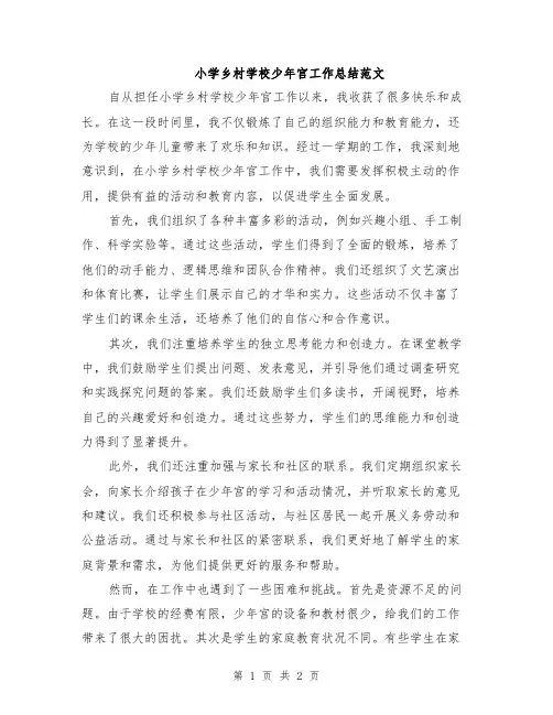 小学乡村学校少年宫工作总结范文