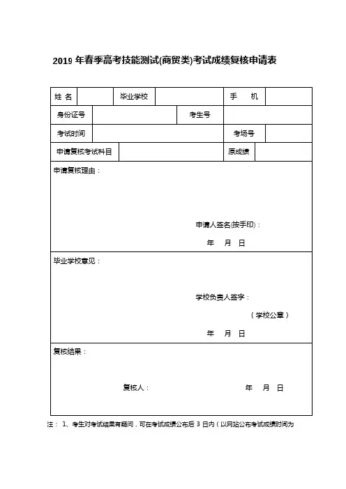 2019年春季高考技能测试(商贸类)考试成绩复核申请表【模板】