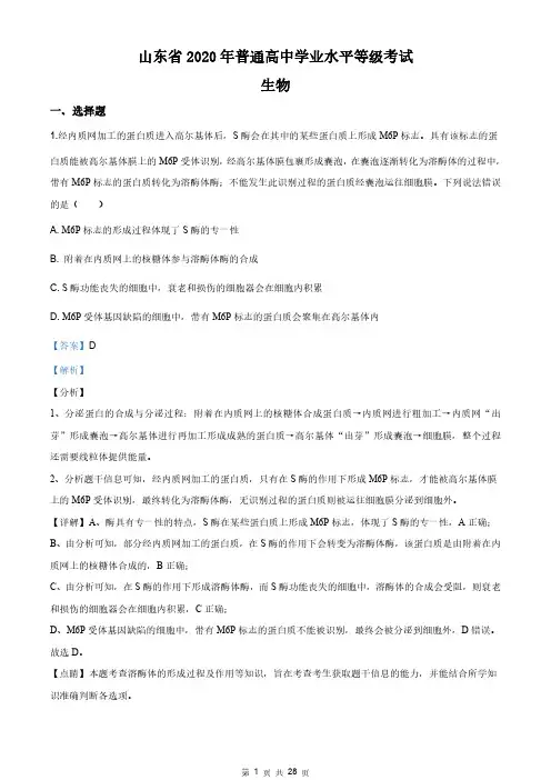 解析：2020年山东省高考生物试卷(新高考)(解析版)