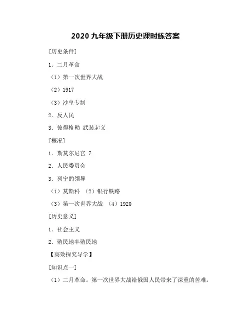 2020九年级下册历史课时练答案