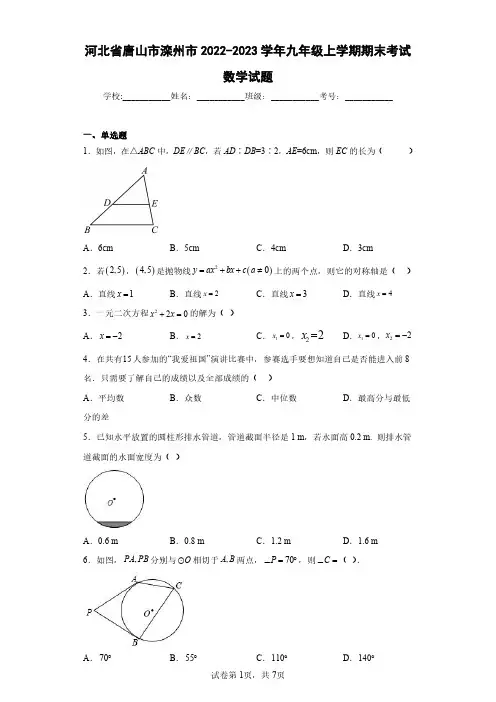河北省唐山市滦州市2022-2023学年九年级上学期期末考试数学试题(含答案解析)