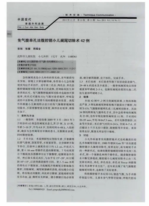 免气腹单孔法腹腔镜小儿阑尾切除术42例