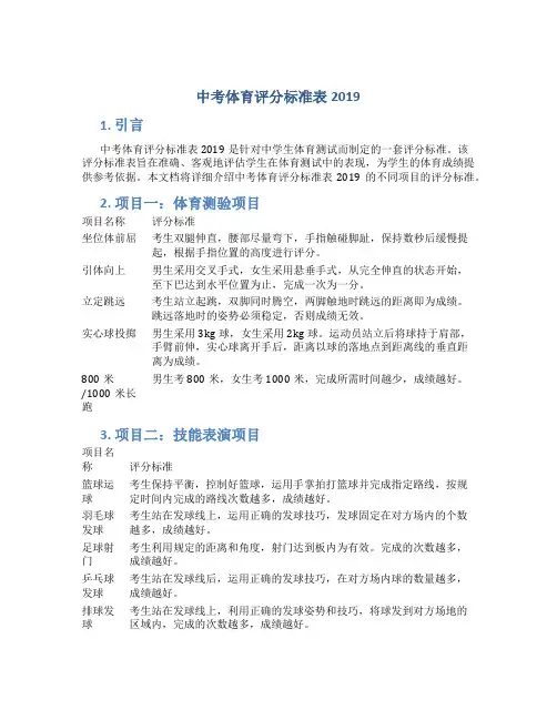 中考体育评分标准表2019