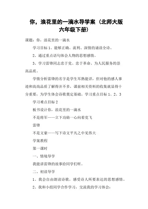 你,浪花里的一滴水导学案 (北师大版六年级下册)