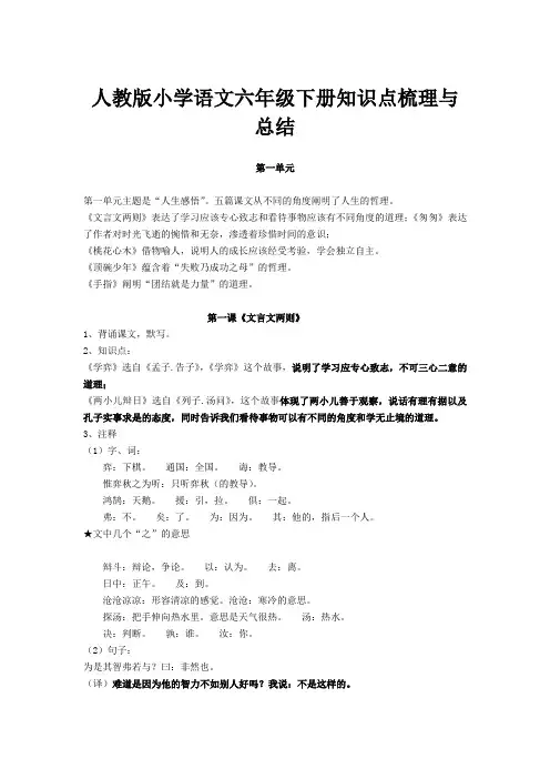 人教版小学语文六年级下册知识点梳理与总结