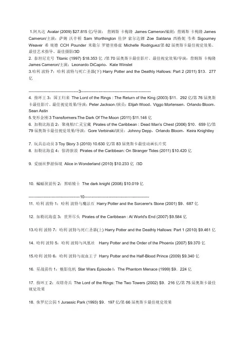 世界电影票房排行前100