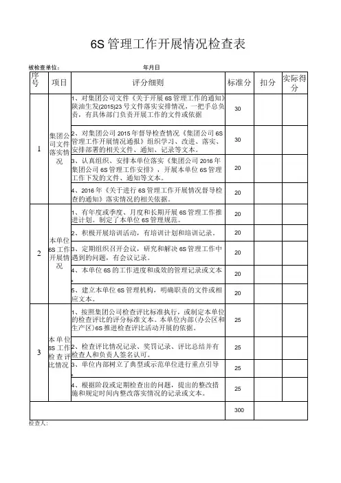 6S管理工作检查表