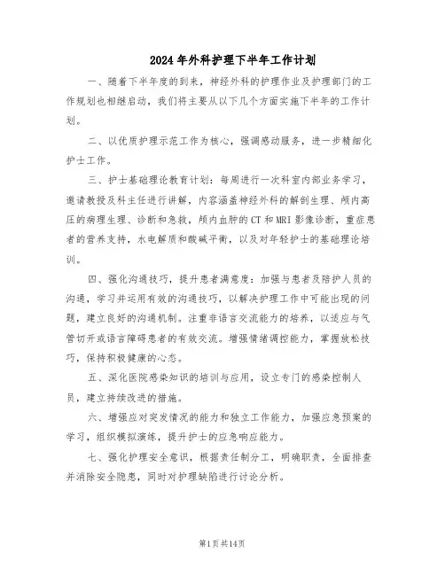2024年外科护理下半年工作计划（六篇）