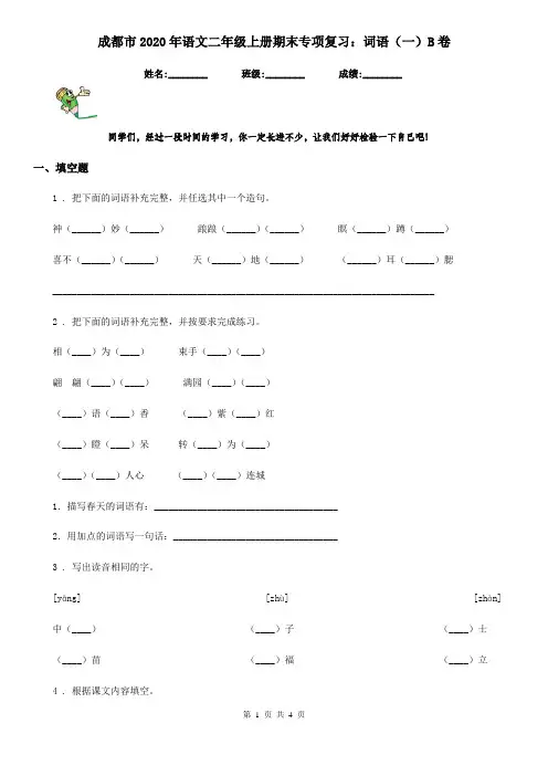 成都市2020年语文二年级上册期末专项复习：词语(一)B卷
