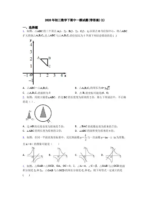 2020年初三数学下期中一模试题(带答案)(1)