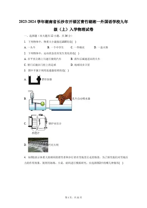 2023-2024学年湖南省长沙市开福区青竹湖湘一外国语学校九年级(上)入学物理试卷(含解析)
