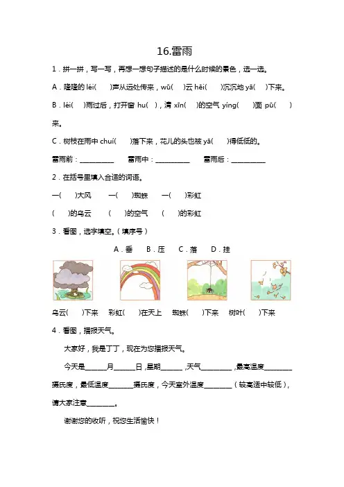 部编版二年级下册语文16.雷雨一课一练(含答案)