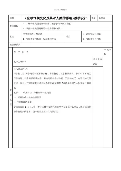 2020-2021学年鲁教版地理一一师一优课一教学设计：4.3全球气候变化及其对人类的影响2