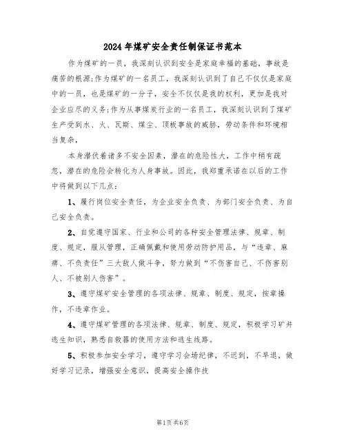 2024年煤矿安全责任制保证书范本(3篇)