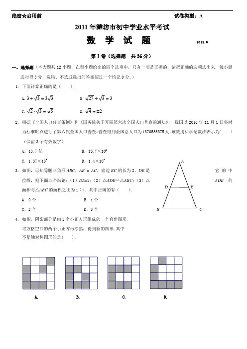 2011年山东省潍坊市中学考试数学重要试题及问题详解(word版)