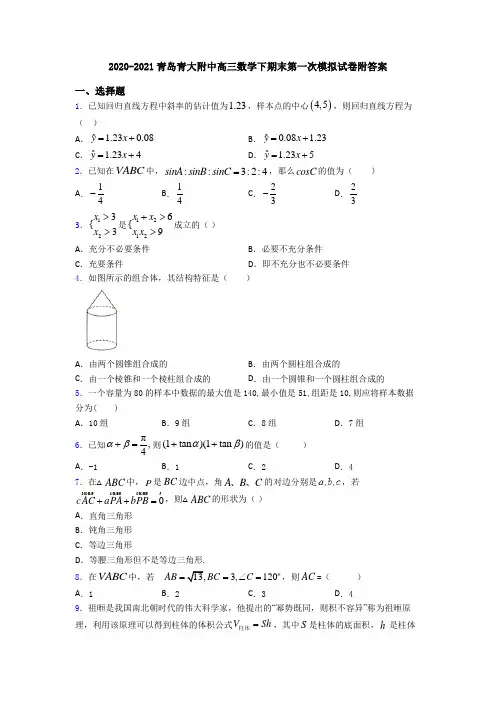 2020-2021青岛青大附中高三数学下期末第一次模拟试卷附答案