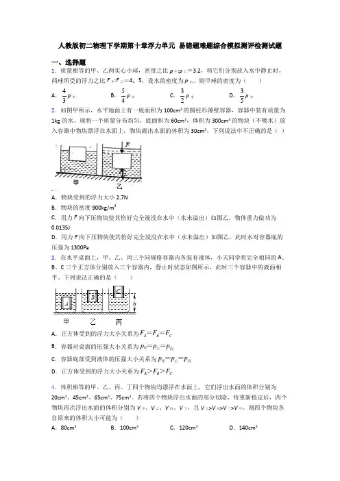 人教版初二物理下学期第十章浮力单元 易错题难题综合模拟测评检测试题