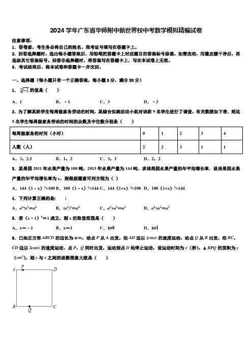 2024届广东省华师附中新世界校中考数学模拟精编试卷含解析