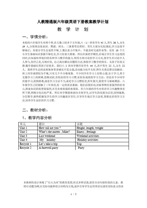 人教精通版六年级英语下册教案教学计划 2