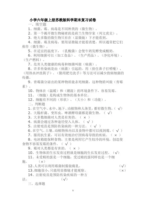 小学六年级上册苏教版科学期末复习试卷