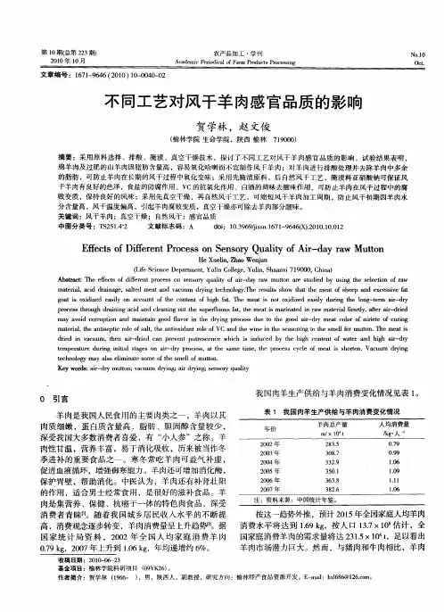 不同工艺对风干羊肉感官品质的影响