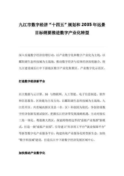 九江市数字经济“十四五”规划和2035年远景目标纲要推进数字产业化转型