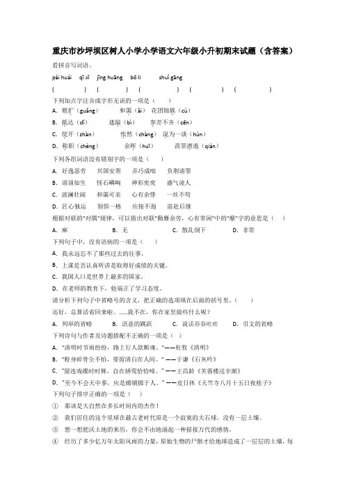 重庆市沙坪坝区树人小学小学语文六年级小升初期末试题(含答案)