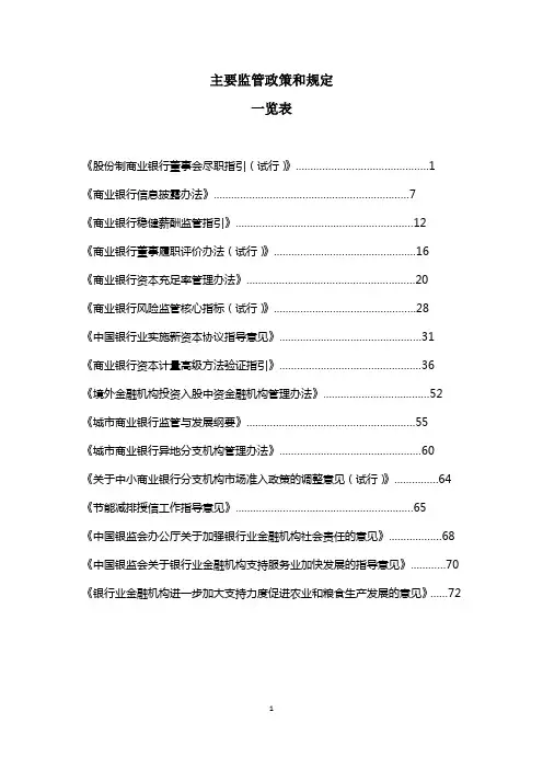 银行业主要监管政策和规定