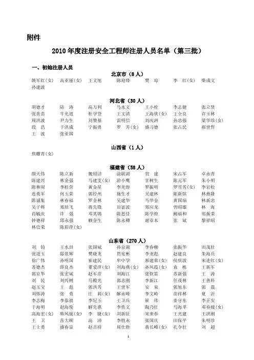 2010年度注册安全工程师注册人员名单(第三批)