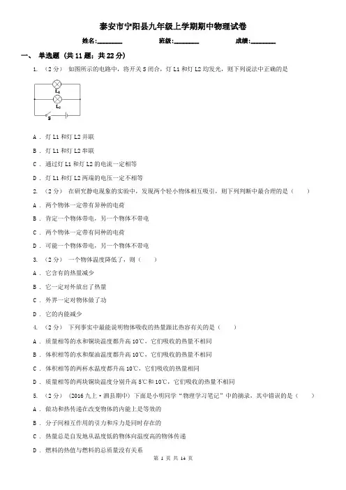 泰安市宁阳县九年级上学期期中物理试卷