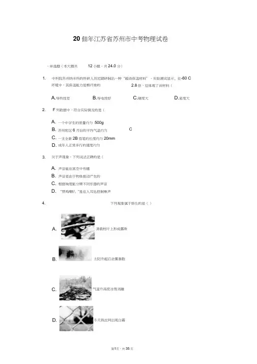 2019年江苏省苏州市中考物理试题(Word版,含解析)