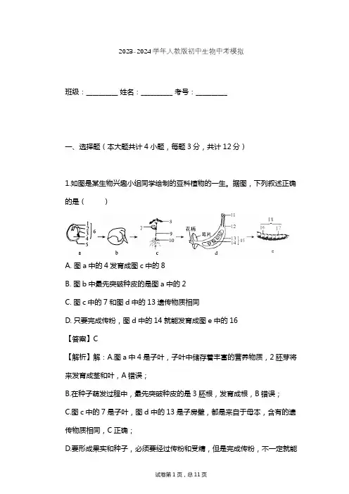 2023-2024学年初中生物人教版中考模拟习题及解析 2