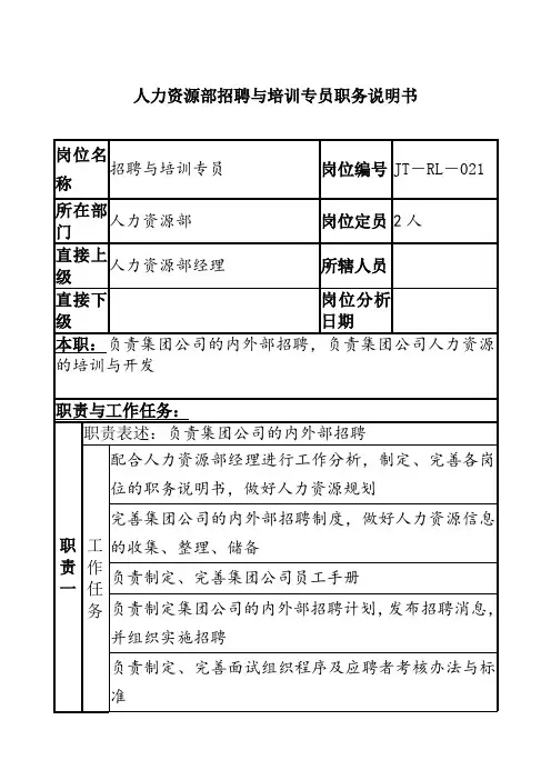 人力资源部招聘与培训专员岗位说明书