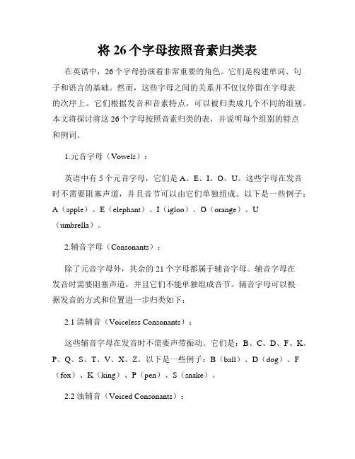 将26个字母按照音素归类表