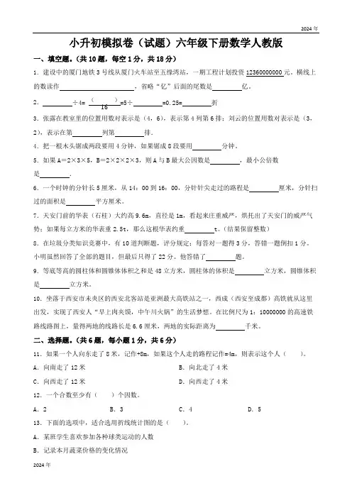小升初模拟卷(试题)六年级下册数学人教版(含答案)
