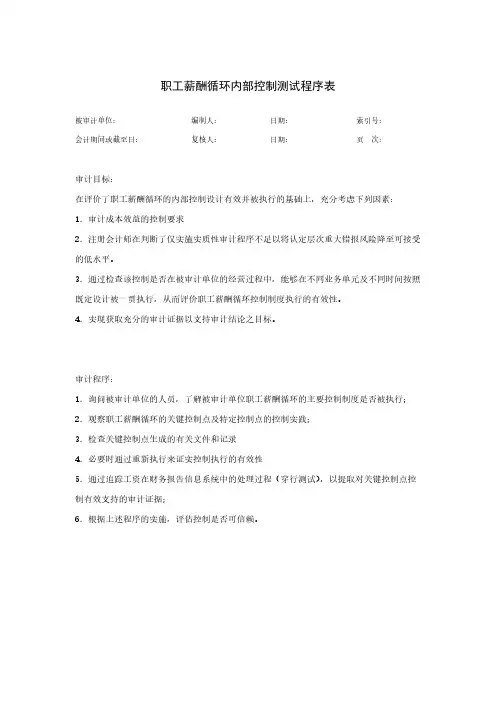 【免费下载】91 职工薪酬管理循环内部控制程序表及底稿
