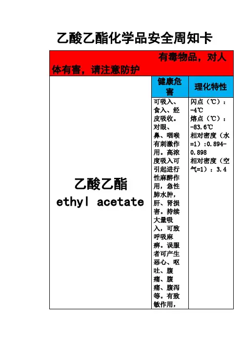 乙酸乙酯化学品安全周知卡