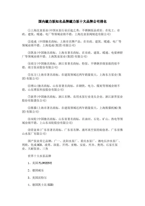 国内磁力泵知名品牌磁力泵十大品牌公司排名