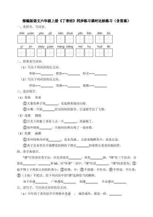 最新部编版语文六年级上册《丁香结》同步练习课时达标练习(含答案)
