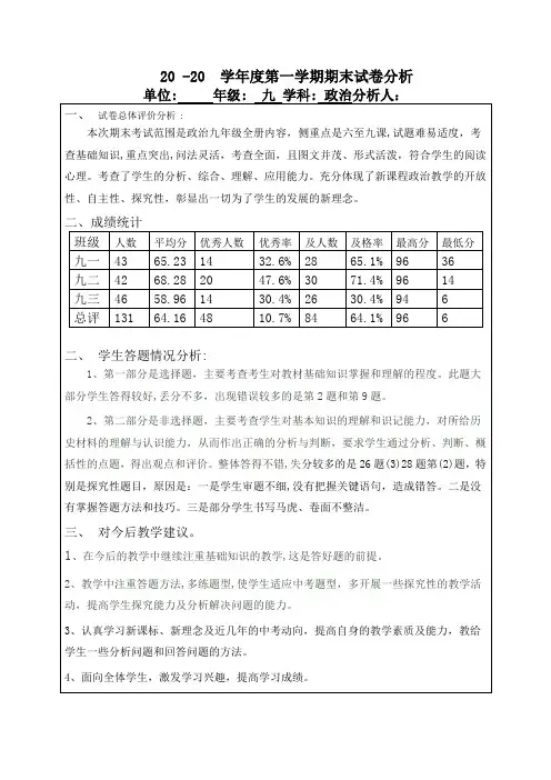 九年级上册政治期末试卷分析