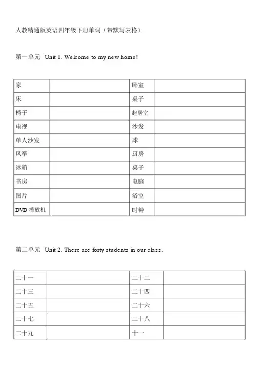 人教精通版小学英语四年级下册单词表(带默写表格)