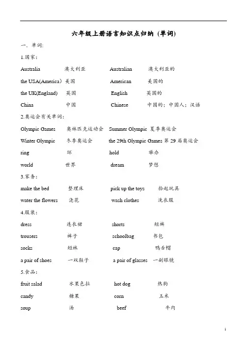 新闽教版小学英语六年级同步知识要点