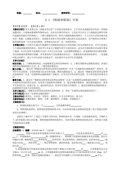 5.4《眼睛和眼镜》学案人教版物理八年级上学期