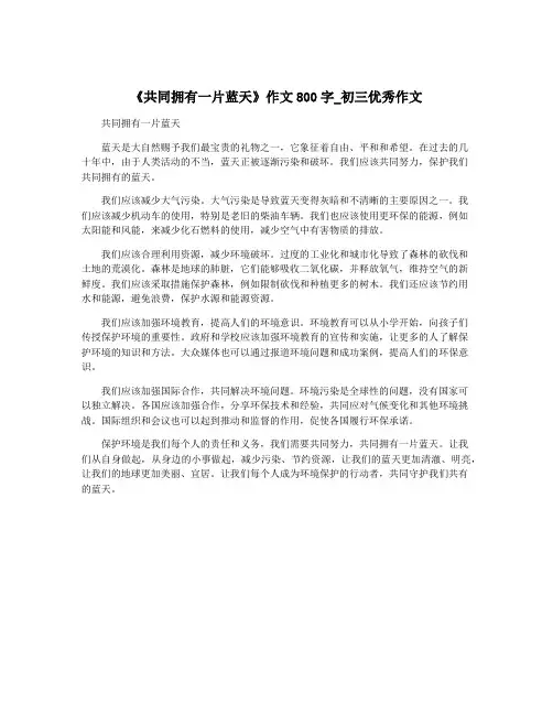 《共同拥有一片蓝天》作文800字_初三优秀作文
