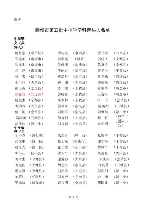 赣州市第五批中小学学科带头人赣州及骨干教师名单